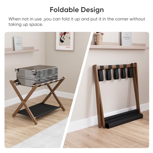 Smuxee Walnut Bamboo Foldable Luggage Rack with Storage Shelf for Guest Room & Hotel – 1 Pack