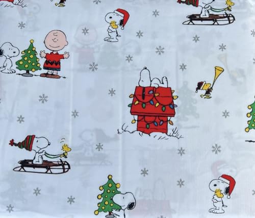Berkshire Blanket & Home Co Peanuts Christmas Winter Themed Sheet Sets Twin White - Silver Snowflakes, Sledding, Doghouse W/Lights