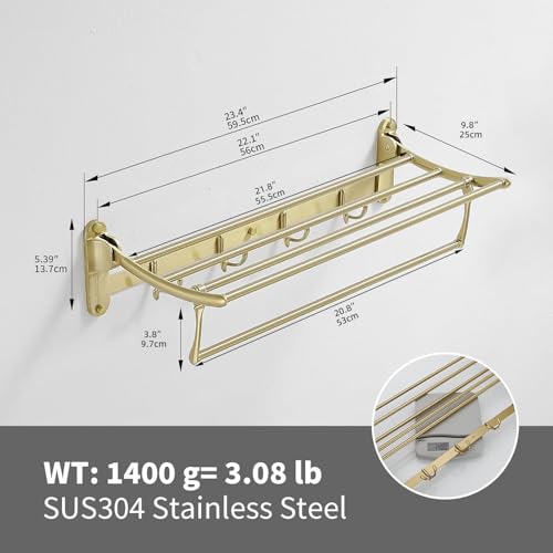 Wall Mounted Brushed Gold Towel Rack with Foldable Bar Hooks - Bathroom & Bedroom Use