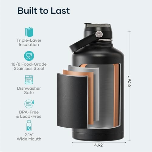 Insulated Stainless Steel Water Bottle 64 oz with Dust-Proof Lids - Black