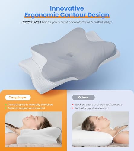 Cooling Neck Support Pillow - Adjustable Cervical Memory Foam Queen Dark Grey
