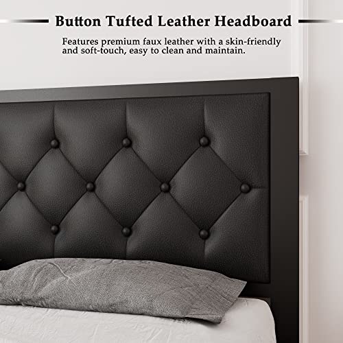 Full Size Metal Bed Frame with Faux Leather Button Tufted Headboard - Black, 12-Inch Storage