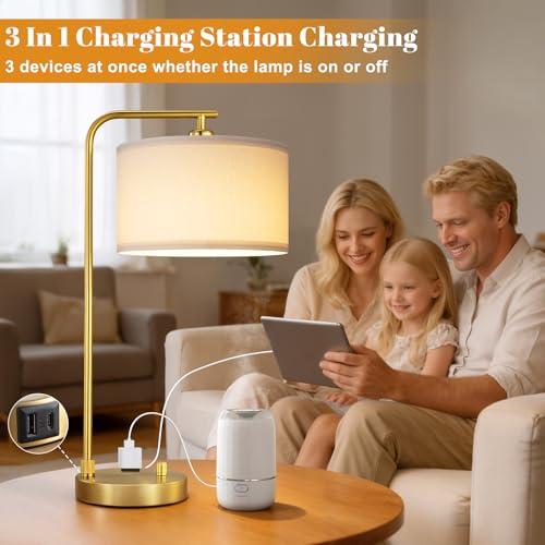 Gold Bedside Lamps Set of 2 with White Shade, Dimmable Nightstand Lamps with USB Ports