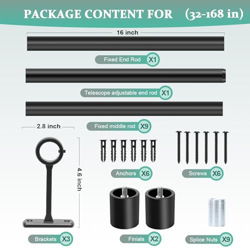 Adjustable Black Curtain Rods 32-168 Inches for Indoor & Outdoor, Heavy Duty Metal Ceiling Mount Drapery Track - All Metal, Easy Install