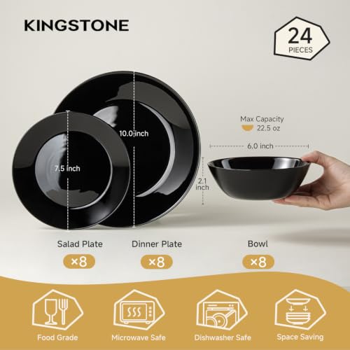 Black 24-Piece Glass Dinnerware Set for 8 - Plates & Bowls, Service for 8