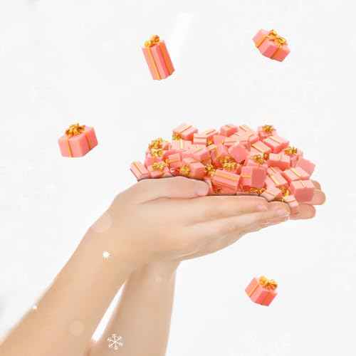 Bucherry 50 Pcs Christmas Miniature Resin Gift Boxes Pink and Gold Mini Christmas Ornaments Xmas Miniature Figurines Charms for Craft DIY Garden Accessories