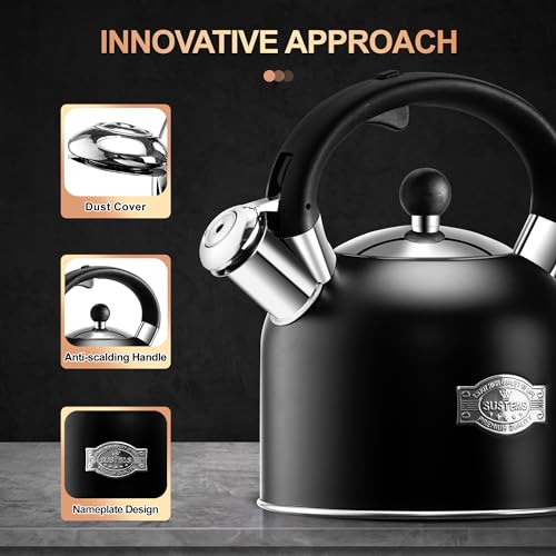 SUSTEAS Black 3.17QT Stainless Steel Whistling Tea Kettle for Stove Top