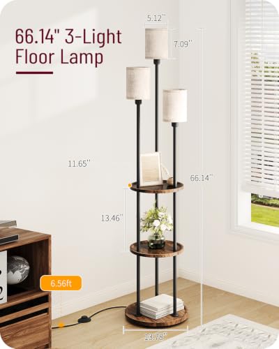 AZADESJET Walnut and Beige 66.1'' Modern Floor Lamp with Shelves & Linen Shades
