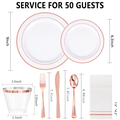 GATHER 50 Guest Rose Gold Disposable Plates & Party Set - White & Rose Gold