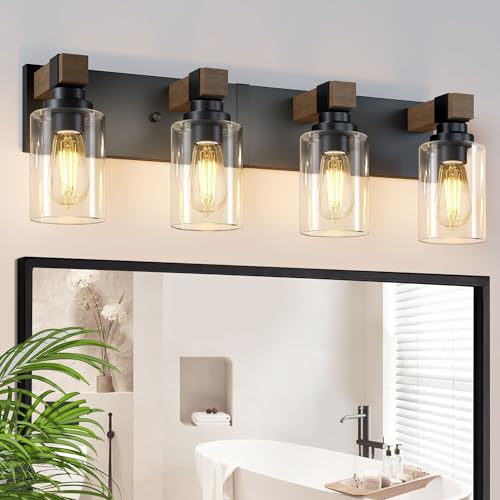 Farmhouse 4-Light Bathroom Vanity Light Fixture, Black & Wood Finish