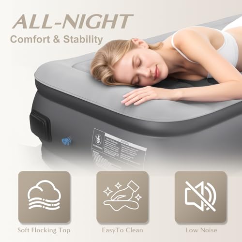 JUITOY Grey Twin Air Mattress with Built-in Pump, Portable Camping Bed