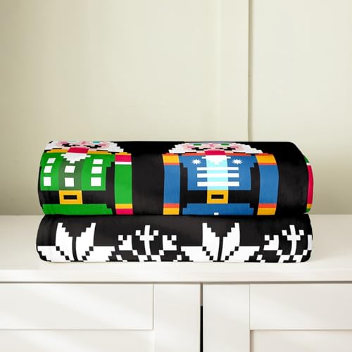 Erosebridal Nutcracker Blanket Throw 50x60 Inch, Retro Xmas Throw Blanket, Colorful Scandinavian Christmas Snowflakes Fleece Blanket, Black White Winter Flannel Blanket for Kids Teens