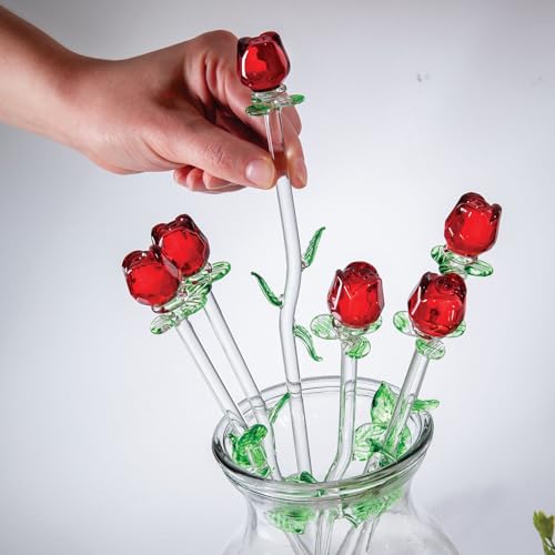 12 Pack Red Roses Crystal Figurines - Handmade Long Stem Gift Set