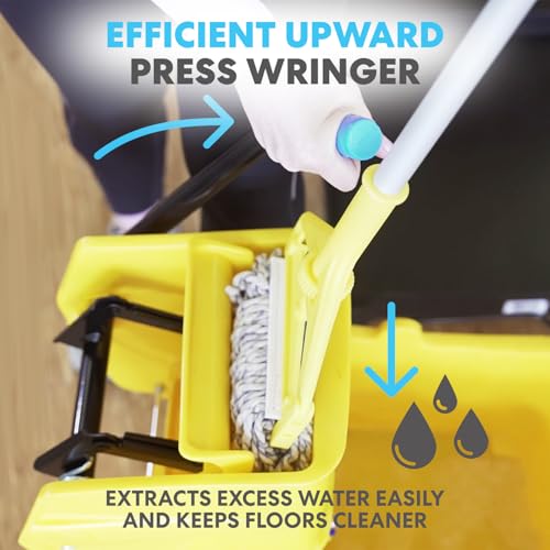 Commercial 35-Quart Side Press Mop Bucket Set on Wheels with Wet Floor Sign - Yellow