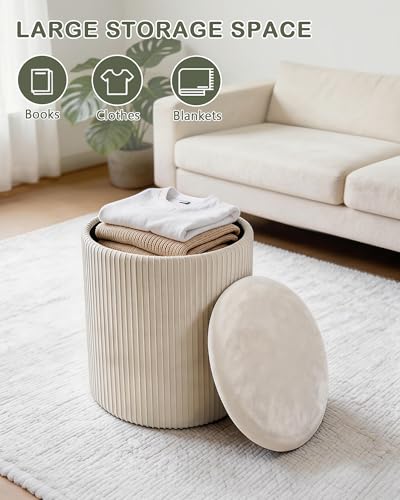 Beige Velvet Round Storage Ottoman Footrest with Hidden Compartment - LITZFUR