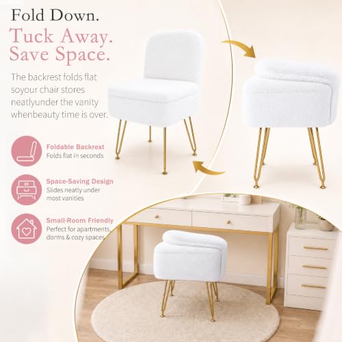 HOZYZO White Faux Fur Vanity Chair with Folding Back, Adult Size Makeup Ottoman