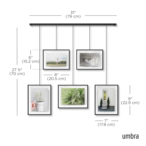 Umbra Exhibit Picture Frame Set - Black, Adjustable Wall Mount, Set of 5 with 5-Opening Layout