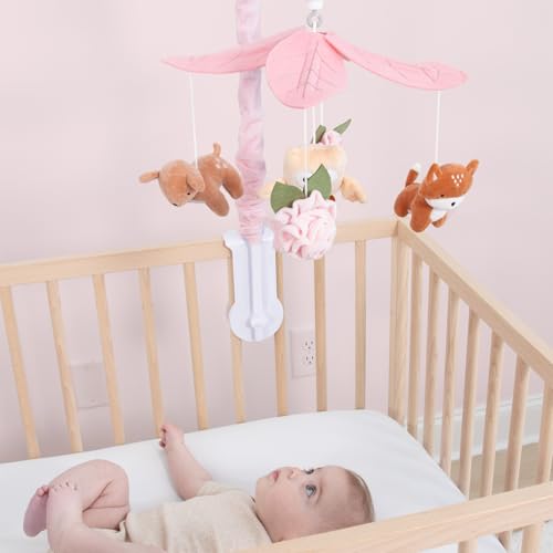 Pink Baby Crib Mobile with 12 Lullabies - Forest Nursery Decor for Girls