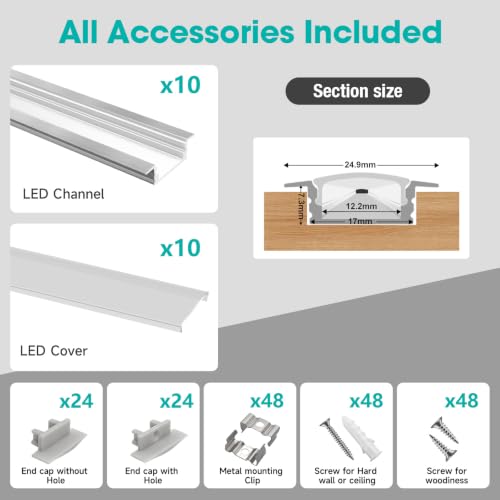 10-Pack 6.6ft Silver Recessed LED Aluminum Channel for Strip Lights with Diffuser & End Caps - Indoor Ceiling & Cabinet Lighting Variation