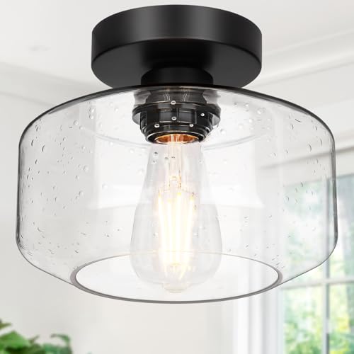 Farmhouse Semi Flush Ceiling Light - Black Seeded Glass Shade, Vintage Style, 8.7-inch Diameter - Space-Saving Industrial Fixture for Hallway & Bedroom
