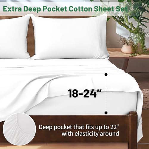 Extra Deep Pocket Queen Bed Sheets - 100% Egyptian Cotton, 1000 Thread Count, White, 4 Pieces