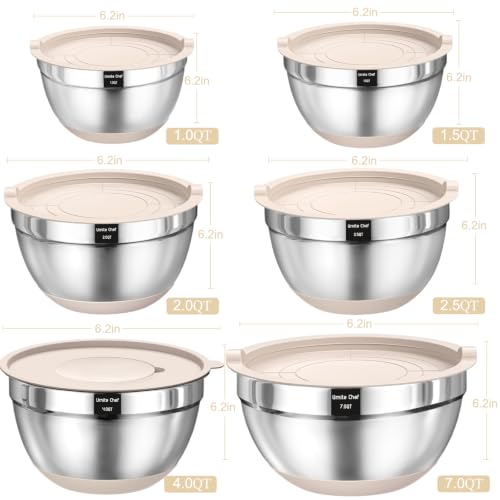 Umite Chef Khaki Stainless Steel Mixing Bowls Set with Airtight Lids & Graters – 26pcs, Non-Slip Bottoms, 7QT to 1QT Sizes