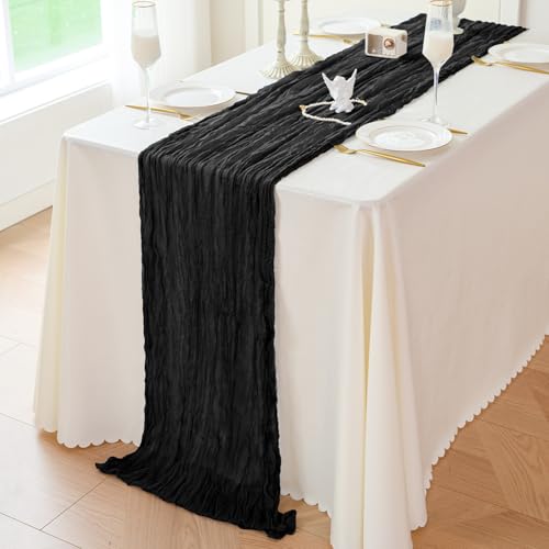 Black Cheesecloth Table Runner 10ft - Boho Rustic Decor, 10pc Set