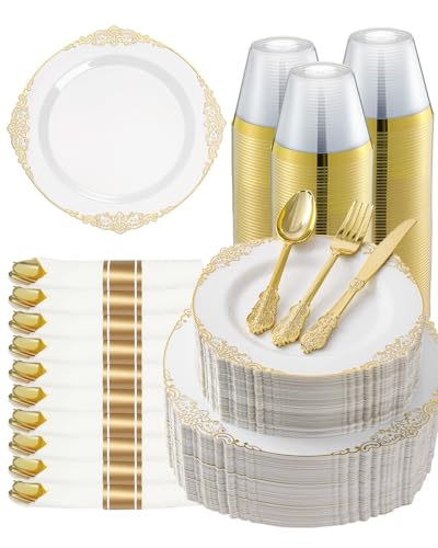 Gold Plastic Dinnerware Set for 50 Guests - Elegant Disposable Party Plates & Utensils