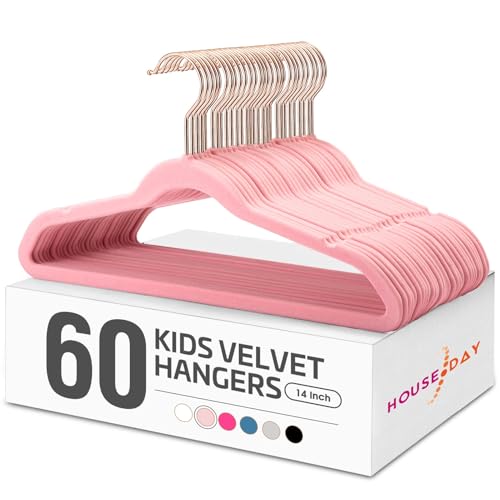 HOUSE DAY Velvet Kids Hangers 60 Pack - Blush Pink, 14-Inch Slim Childrens Closet Organizers