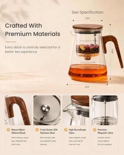 ZENS Magnetic Glass Teapot with Walnut Handle - 27oz Loose Tea Infuser