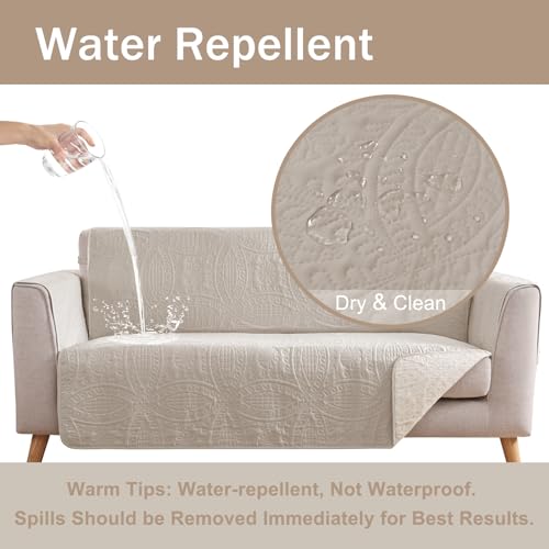 Water-Repellent Quilted Sofa Cover for 88-Inch Grand Sofa - Beige Cream, Waterproof Couch Protector with Anti-Slip Fit