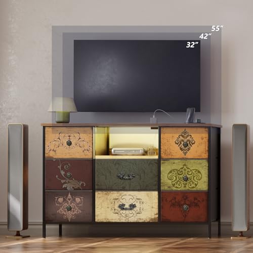 VASICAR Wide TV Stand for 55-Inch TV with LED Lights & Pattern, Dresser with Power Outlets