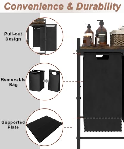 3 Section Laundry Hamper with Pull-Out Bins - Rustic Brown & Black, No Wheels