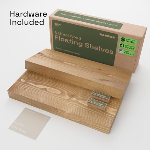 Gold Oak Floating Wall Shelves - 16 Inch Wooden Bathroom & Kitchen Shelves Set - BAOBAB WORKSHOP Variation