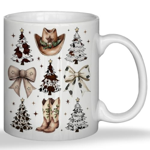 JINYO Coquette Christmas Western Mug - Cow Print Bow Christmas Tree Coffee Cup, Cowboy Hat 11 oz (Christmas Coffee Mug-j)