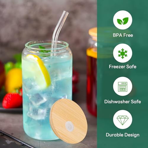 16 oz Glass Cups with Bamboo Lids & Straws Bulk - 20 Pack