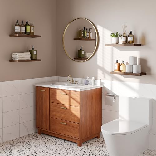Rustic Brown Floating Shelves Wall Set of 4 - 16 Inch Wall Mounted Storage & Display
