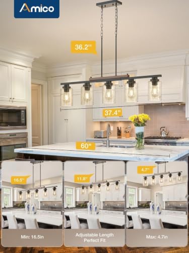 Amico 5-Light Seeded Glass Island Chandelier - Dining Room & Kitchen Pendant Light Fixture