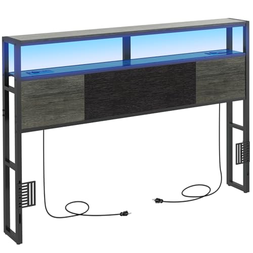 Queen Size Headboard with Charging Station & LED Light - Gray + Black