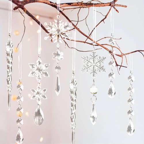 18pcs Christmas Tree Decoration Crystal Ornaments - Hanging Acrylic Christmas Snowflake Icicle Drop Crystal Ornaments for Xmas Tree Winter New Year Party Supplies