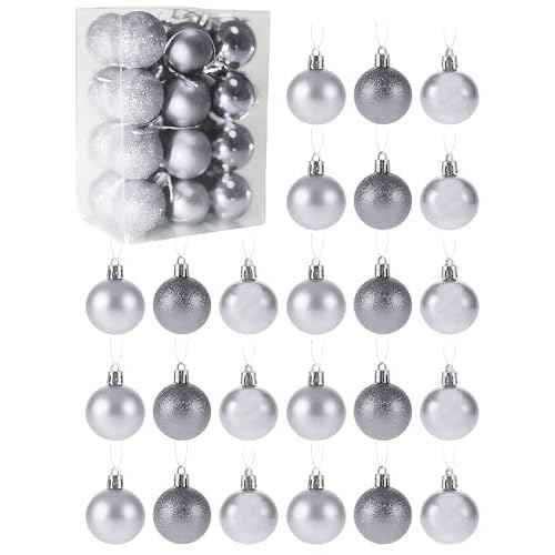 24 Mini Shatterproof Christmas Balls, 3cm/1.1'' Xmas Tree Ornaments Hanging Ball for Birthday Halloween Holiday Wedding Party Decorations (Silver)