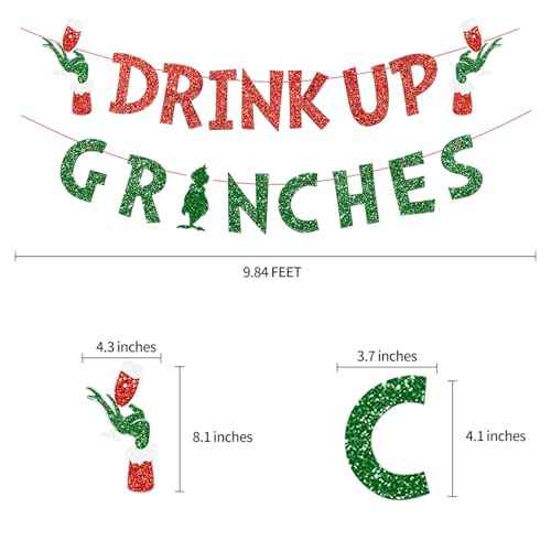 Christmas Decorations Drink Up Party Banners Indoor, Glittery Christmas Decor Banner, Red Green Banner for Home Fireplace Decor