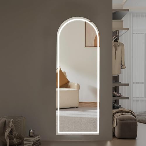 Arched LED Full Length Mirror - 71 x 26 Inches, White Stand, Dimmable Lighting