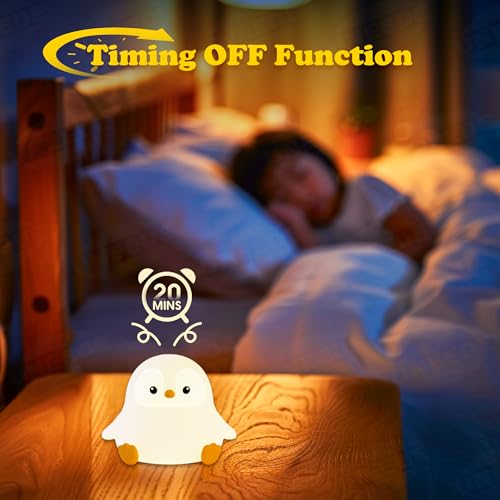 UNEEDE Sitting Penguin Night Light with Removable Floppy Bunny Ears - Silicone Touch Lamp, USB Rechargeable, Dimmable Nursery Light for Kids & Holiday Decor
