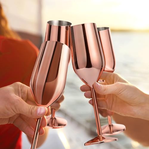Lifecapido Rose Gold 6-Pack 8oz Stainless Steel Champagne Flutes Unbreakable Stemware for Party Wedding Gift
