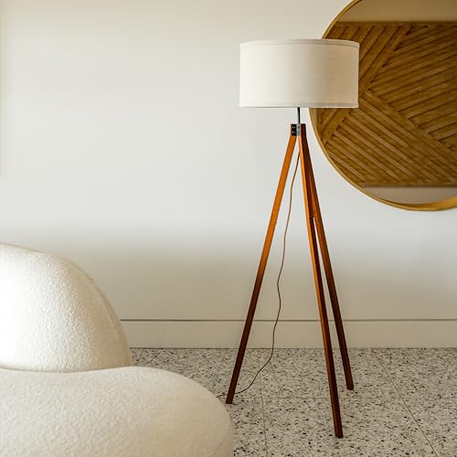 Tall Tripod Floor Lamp with Dimmable LED, Solid Wood Legs for Living Room & Bedroom
