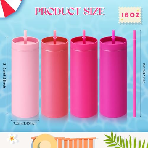 Baderke 4-Pack 16 oz Pink Skinny Tumblers with Lids & Straws - Gradient Colors