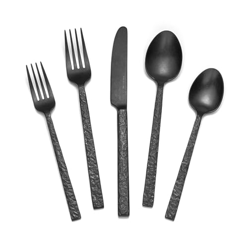Black Hammered Silverware Set for 4 - 20-Piece Flatware Collection