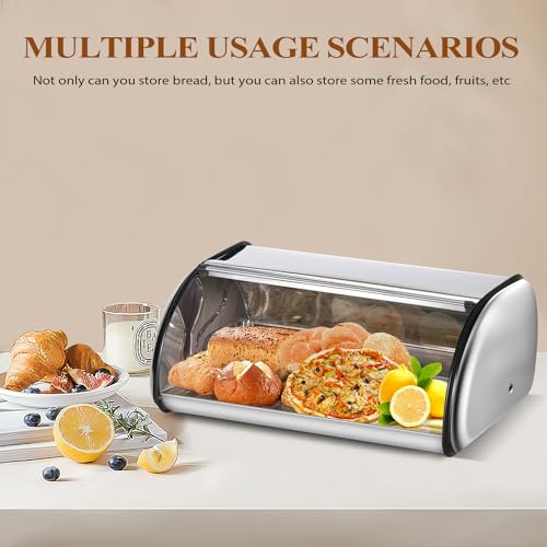 ENLOY Silver Stainless Steel Bread Box with Roll-Top Lid - Large Capacity Kitchen Organizer