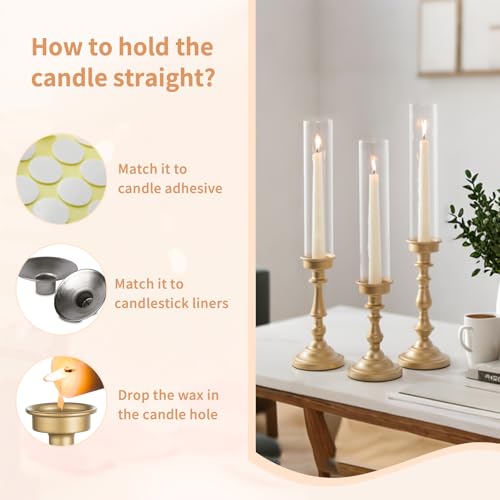 Set of 6 Gold Hurricane Candle Holders with Glass Shades - Vintage Taper Holders